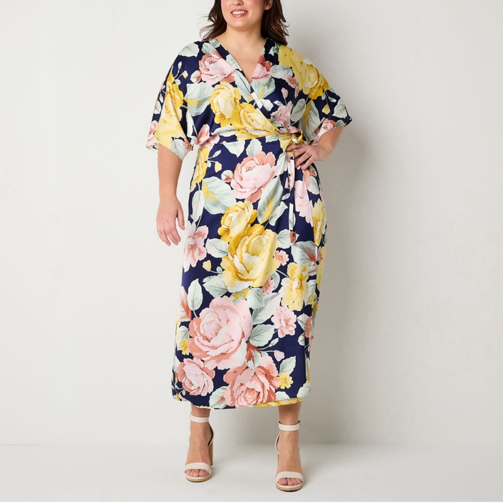 NWT Premier Amour Plus Satin Short Sleeve Floral Midi Wrap Dress